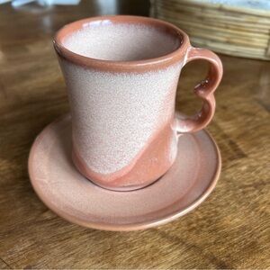 Vintage Frankoma Pottery Desert Tan Heart Handle Coffee Mug and Saucer